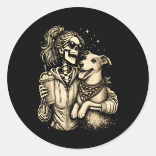 Pegatina Redonda Chica Esqueleto Abrazando Perro - Enfriador Amante