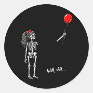 Pegatina Redonda Chica Esqueleto Sosteniendo Globo Gótico Halloween