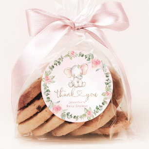 Pegatina Redonda Chica eucalipto elefante rosa baby shower