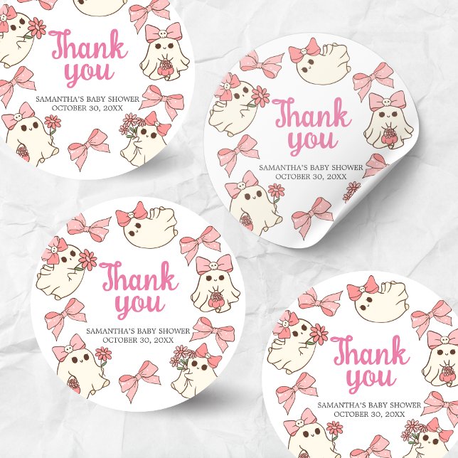 Pegatina Redonda Chica Fantasma Pequeño Boo Halloween Baby Shower (Pink Little Boo Halloween Baby Shower Sticker)