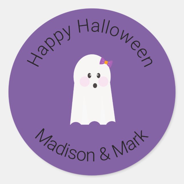 Pegatina Redonda Chica Fantasma y Candy Halloween Favor (Anverso)