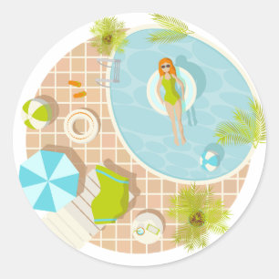 Pegatina Redonda Chica fiesta de la piscina en la playa de verano d