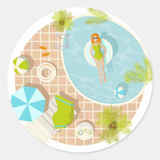 Pegatina Redonda Chica fiesta de la piscina en la playa de verano d (Anverso)