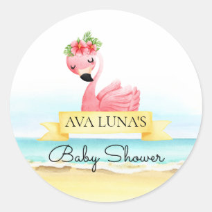 Pegatina Redonda Chica Flamingo Rosa Baby Shower
