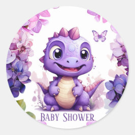 Pegatina Redonda Chica Floral Adorable Purple Dinosaur Baby Shower