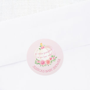Pegatina Redonda Chica Floral de calabaza Baby Shower Rosa