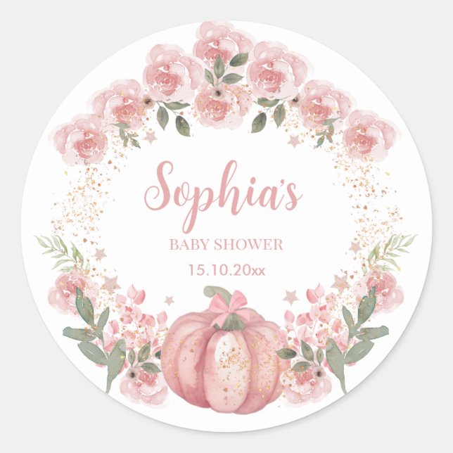 Pegatina Redonda chica floral de calabaza rosa Baby Shower (Anverso)