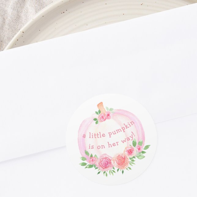 Pegatina Redonda Chica Floral de calabaza rosa Baby Shower (Subido por el creador)