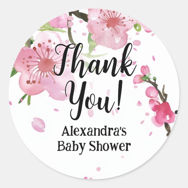 Pegatina Redonda Chica floral de cerezo rosado Baby Shower (Anverso)