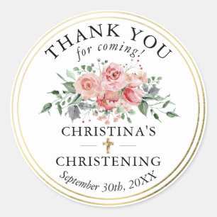 Pegatina Redonda Chica Floral Gold Christening Baptism Gracias