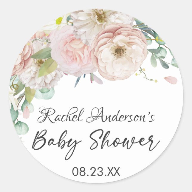 Pegatina Redonda Chica Floral Greenery Soft Pastel Baby Shower (Anverso)