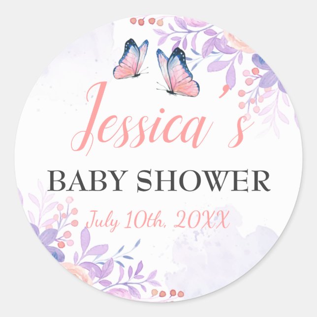 Pegatina Redonda Chica floral morado de mariposa cúrcuma rosada Bab (Anverso)