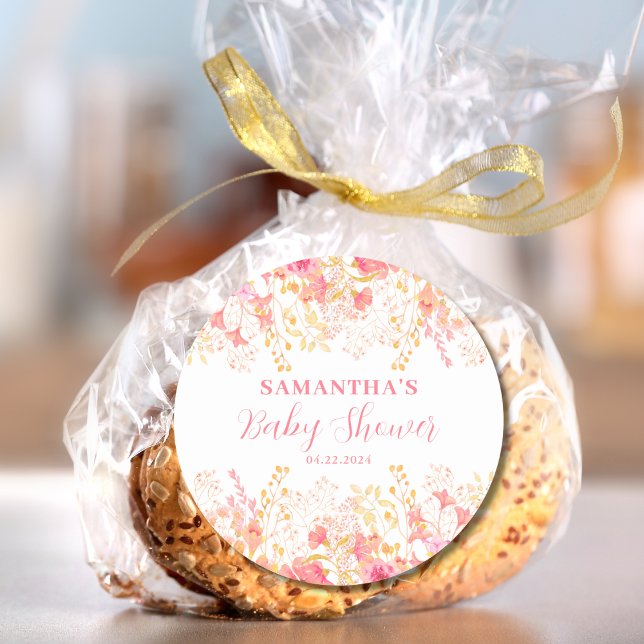 Pegatina Redonda Chica Floral Rosa Baby Shower (Subido por el creador)