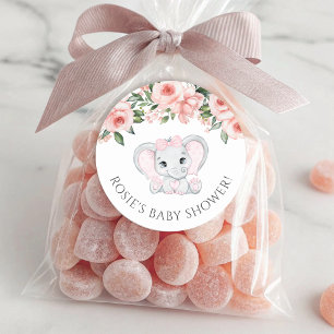 Pegatina Redonda Chica floral rosa Cutie Elephant Rubor Baby Shower