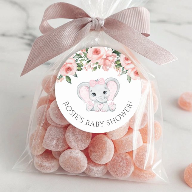 Pegatina Redonda Chica floral rosa Cutie Elephant Rubor Baby Shower (Cutie Elephant Blush Pink Floral Girl Baby Shower Classic Round Sticker)