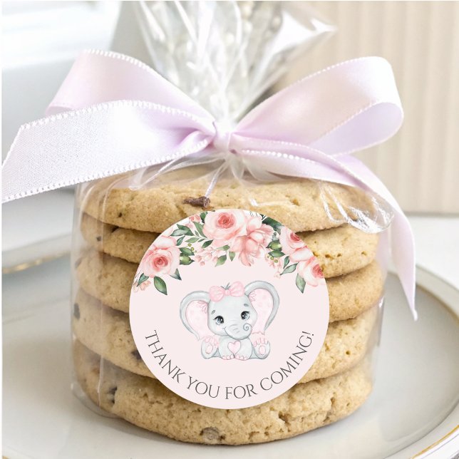 Pegatina Redonda Chica floral rosa Cutie Elephant Rubor Baby Shower (Cutie Elephant Blush Pink Floral Girl Baby Shower Classic Round Sticker)