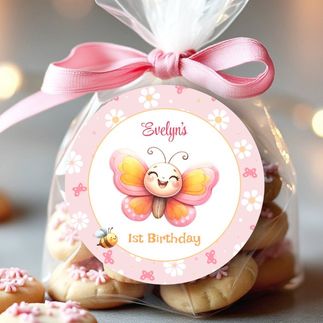 Pegatina Redonda Chica floral rosa de mariposa cúrcuta Primer cumpl (Cute Butterfly Pink Floral Girl 1st Birthday Classic Round Sticker)