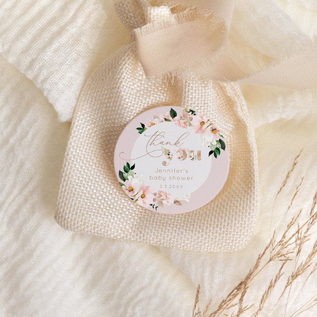 Pegatina Redonda chica floral rosa Rubor ducha bebé gracias (Subido por el creador)