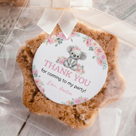 Pegatina Redonda Chica floral rosada Cute Koala Cumpleaños