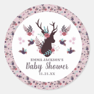 Pegatina Redonda Chica floral Rustic Deer Head Mauve Baby Shower