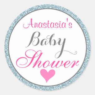 Pegatina Redonda Chica Glam Rosa Cielo Azul Brillo Baby Shower
