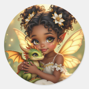 Pegatina Redonda Chica hada de anime linda y dragón Chibi