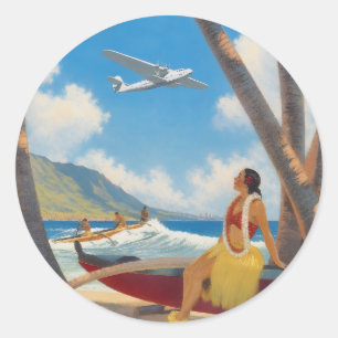 Pegatina Redonda Chica Hula Hawaiana Vintage Escape Paradisíaco Alo