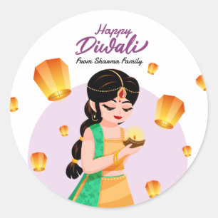 Pegatina Redonda Chica india con faroles flotantes Feliz Diwali