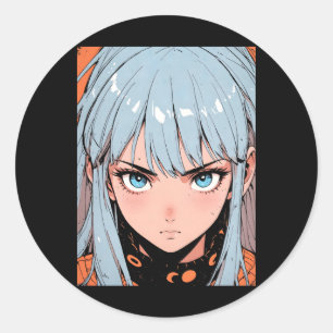 Pegatina Redonda Chica Intensa Anime Retro Cabello Azul Estética Pe