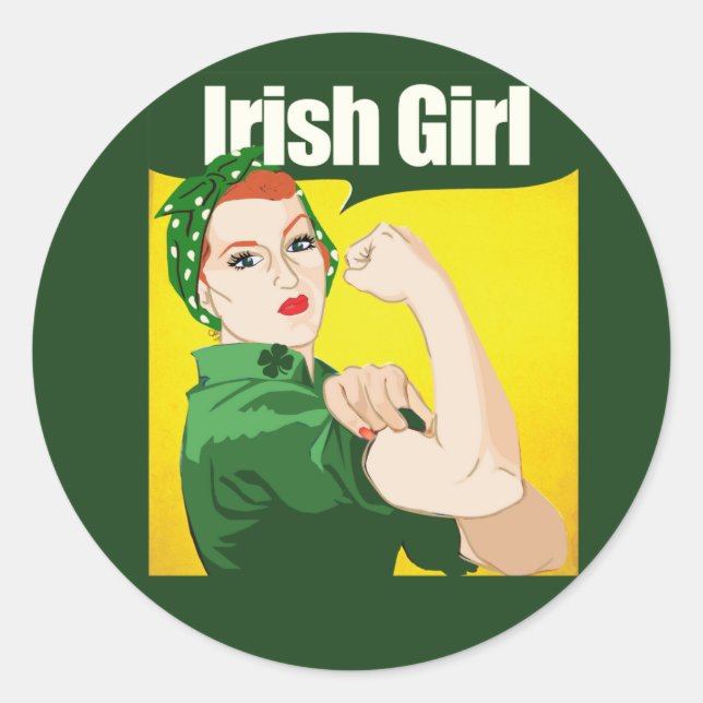 Pegatina Redonda Chica irlandés Vintage Rosie Riveter (Anverso)