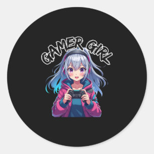 Pegatina Redonda Chica jugadora de videojuegos Anime lindo Videojue