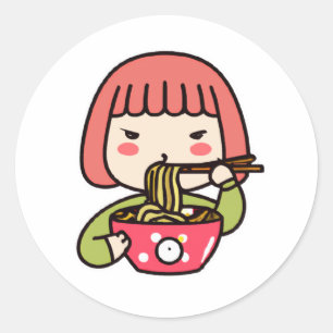 Pegatina Redonda Chica kawaii comiendo Ramen con palillos