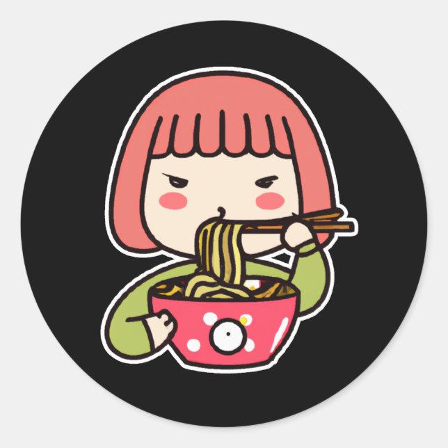 Pegatina Redonda Chica kawaii comiendo Ramen con palillos (Anverso)