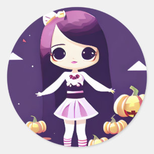 Pegatina Redonda Chica kawaii con calabazas Halloween