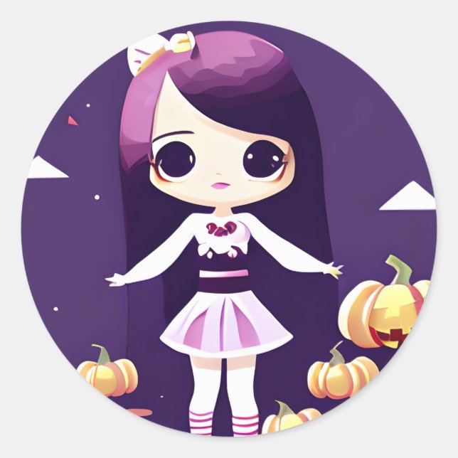 Pegatina Redonda Chica kawaii con calabazas Halloween (Anverso)