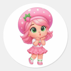 Pegatina Redonda Chica Kawaii de Fresa Chibi