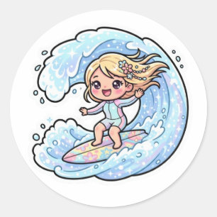 Pegatina Redonda Chica Kawaii de Surf Chica Ola del Océano Verano S