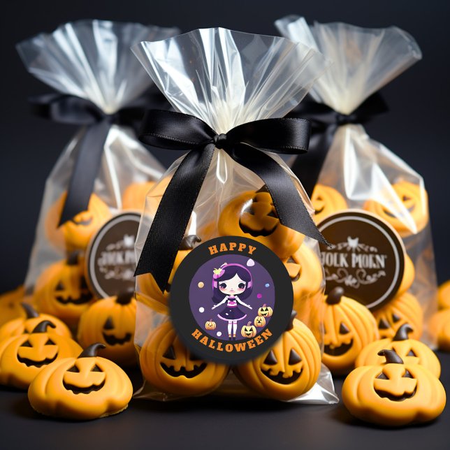 Pegatina Redonda Chica kawaii lindo en la Halloween de las calabaza (Subido por el creador)