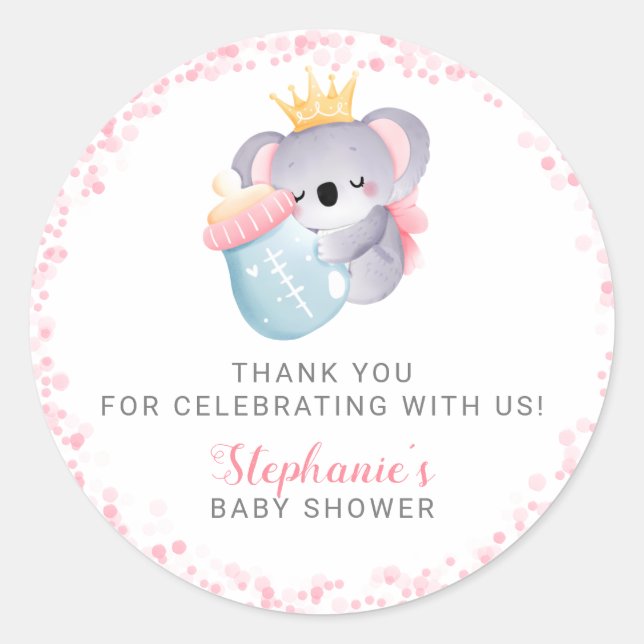Pegatina Redonda Chica Koala Bear Favor Rosa Baby Shower (Anverso)