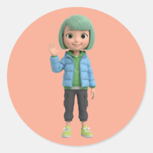 Pegatina Redonda Chica linda de Anime 3D agitando Chaqueta Hinchada