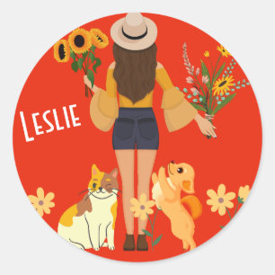 Pegatina Redonda Chica lindo sosteniendo girasoles Cat & Dog