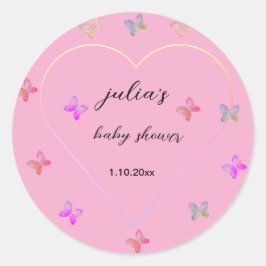 Pegatina Redonda Chica mariposa corazón rosa baby shower 