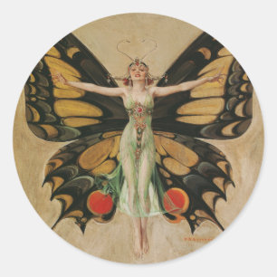 Pegatina Redonda Chica Mariposa de Leyendecker Arte Deco Antiguo