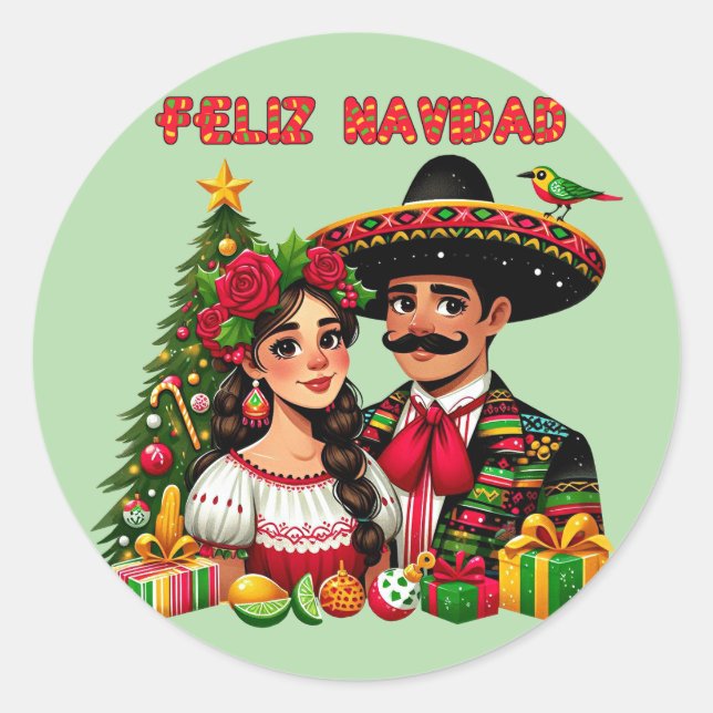 Pegatina Redonda Chica mexicano: árbol de navidad Feliz Navidad art (Anverso)
