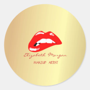 Pegatina Redonda Chica Moderada Elegante, Dorado Falso, Labios Rojo