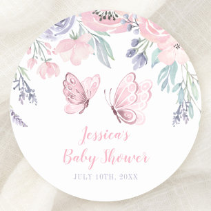 Pegatina Redonda Chica morado de mariposa floral rosa Baby Shower