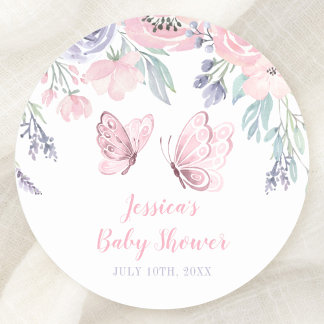 Pegatina Redonda Chica morado de mariposa floral rosa Baby Shower