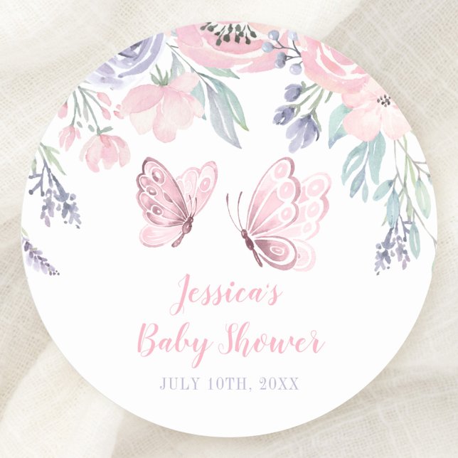 Pegatina Redonda Chica morado de mariposa floral rosa Baby Shower (Subido por el creador)