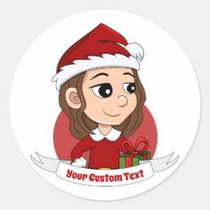 Pegatina Redonda chica navidad con pelo ondulado marrón