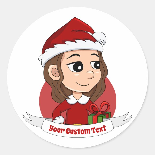 Pegatina Redonda chica navidad con pelo ondulado marrón (Anverso)